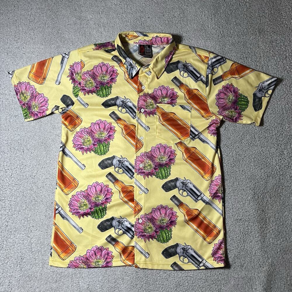 OAF Nation Shirt Men Large Yellow Hawaiian Revolver All Over Print Short Sleeve